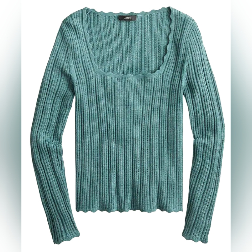 JCrew Scalloped squareneck pointelle sweater, M merino wool